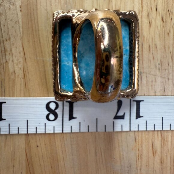 Large Turquoise Blue Square Stone Ring Size 8 With Ornate Gold-Toned Band Vintag - Picture 6 of 12